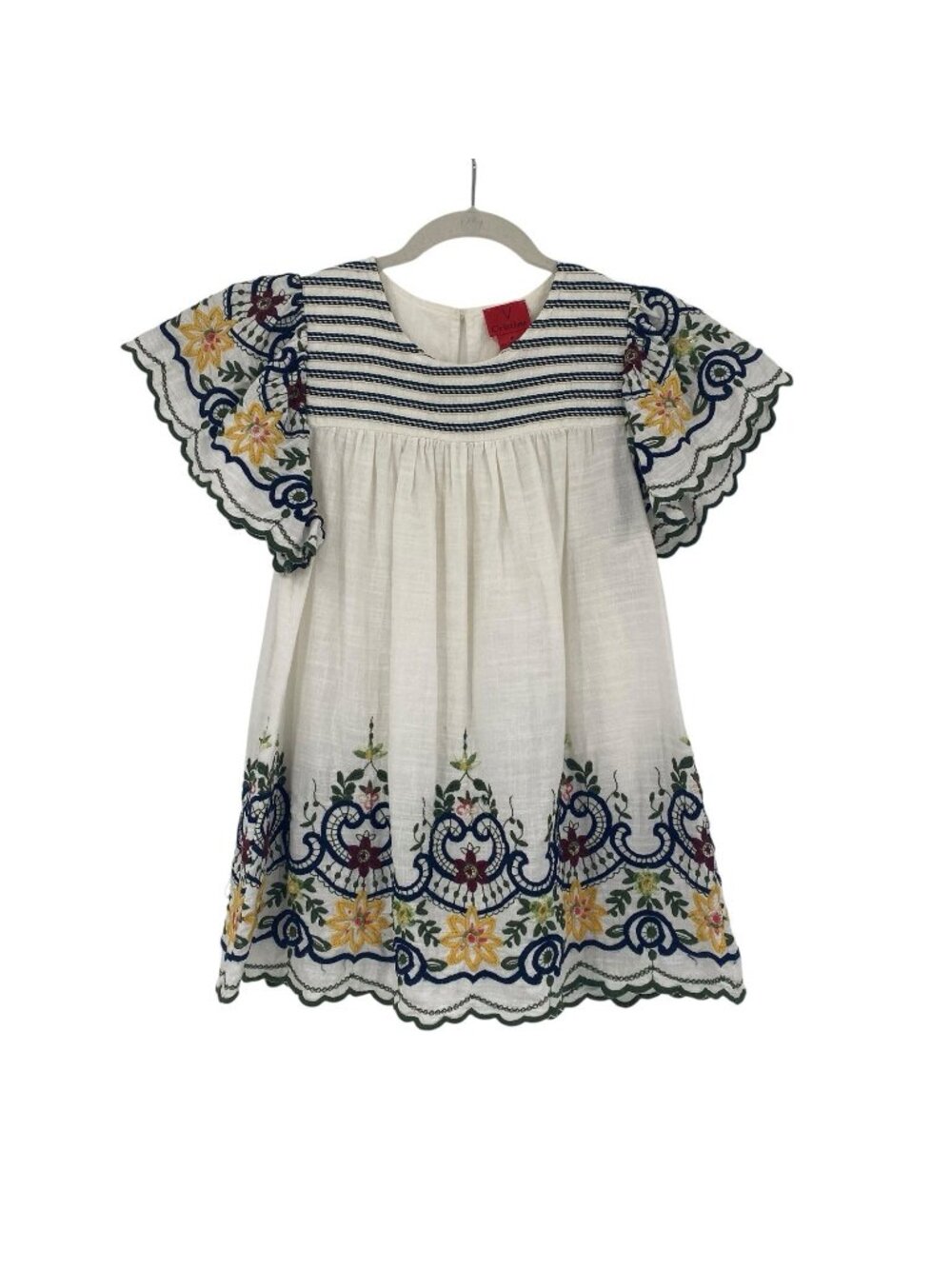 V Cristina White Pinstripe Floral Embroidered Scallop Hem Smock Top Size M